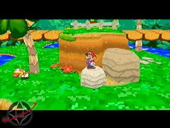 A screenshot of Mario on top of a rock with Poochy on the left.