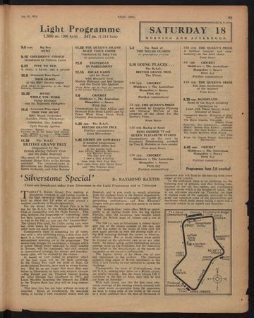 Radio Times issue listing radio coverage for the race, and Raymond Baxter's "Silverstone Special.