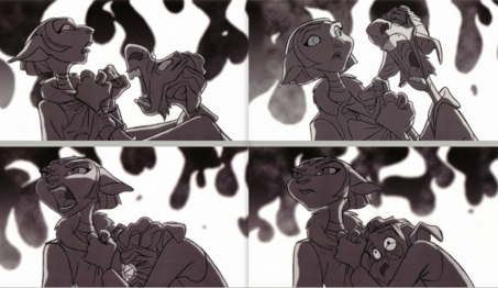 Four animation panels depicting Captain Amelia and Doctor Delbert by Ken Boyer.