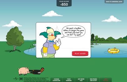 The "game over" screen featuring Krusty the Clown; in the background, you can see the avatar crashing near Plopper from The Simpsons Movie