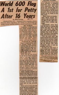 Newspaper clipping reporting on Petty winning the race.