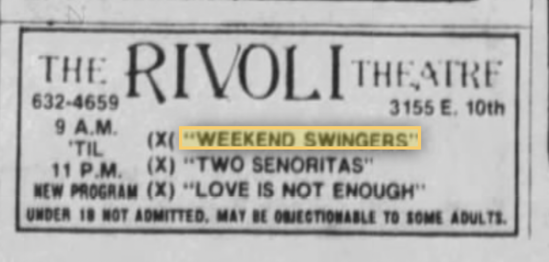 Clipping from The Indianapolis News (2/19/1986) which shows the Rivoli Theatre’s advertisement for a showing Weekend Swingers.[4]