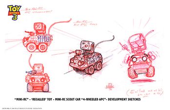 More Toy Story 3 concept art for Mini-RC, a recalled toy by Shane Zalvin.