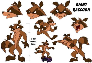 Model sheet for the raccoon character.