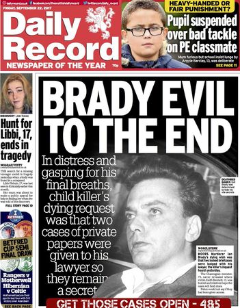 Daily Record newspaper heading detailing Brady's request to have the briefcases kept secure by his lawyer.