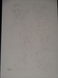 Concept art of Princess Peach, Toad, and Yoshi by Tracy Yardly.