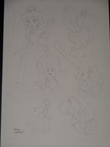 Concept art of Princess Peach, Toad, and Yoshi by Tracy Yardly.