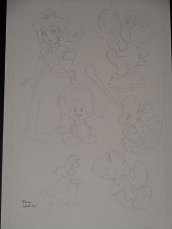 Concept art of Princess Peach, Toad, and Yoshi by Tracy Yardley.