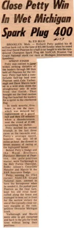 Newspaper clipping reporting on Petty winning the race.