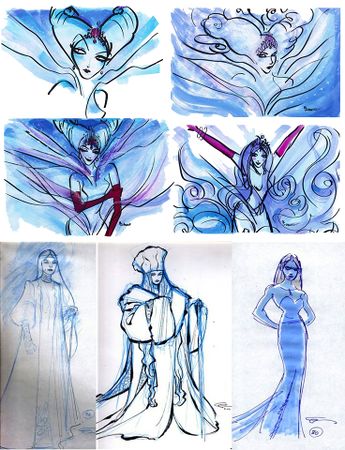 Various concept art of the Snow Queen.
