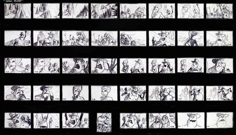 A storyboard of the Snow Queen interacting with her snow henchmen.