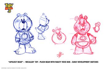 Toy Story 3 concept art for Apology Bear, a recalled toy by Shane Zalvin.