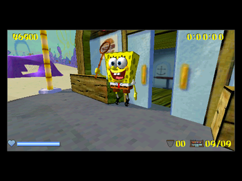Spongebob jumping up and down after finishing the mission.