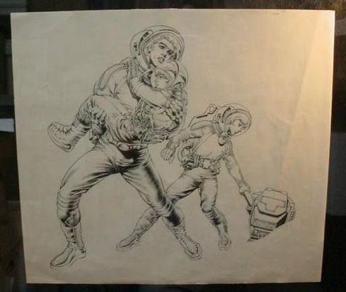 Original hand-drawn art by Rudy Nebres for the cancelled six-issue Marvel comic series based on the cartoon. Featured is Rick Hampton holding younger brother Mikey. Following behind is their sister Wendy guiding their maintenance robot Retro.