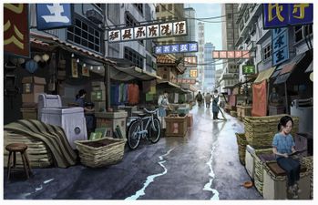 Toy Story 3 concept art of a Taiwan alley by Jim Martin.