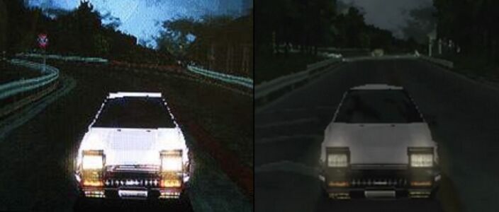 A comparison of a screenshot from Initial D: EX (left) and the PS1 Initial D Game (right). Notice the similarities with each other