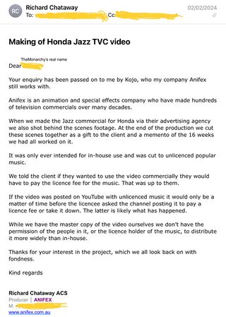 Richard Chataway’s email to TheMonarchy, where he gives more information about the behind-the-scenes video made for the Honda Jazz commercials.