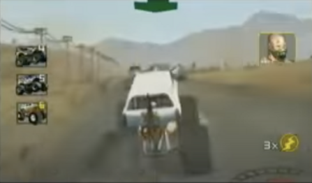 An early HUD for the off-road races. Containing only a single power-up and a mirrored reaction image of a driver.