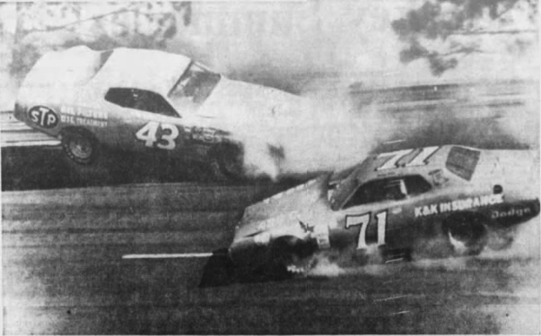 Richard Petty spins out, forcing Buddy Baker to take evasive action.