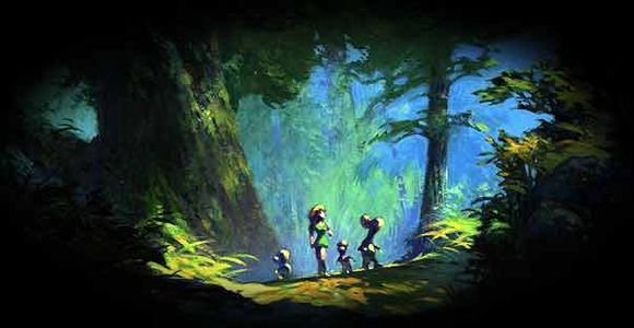 Concept art of the Bone Cousins and Thorn walking through a forest.