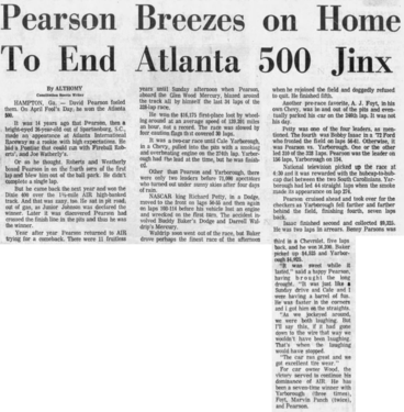 Atlanta Constitution reporting on Pearson winning the race.