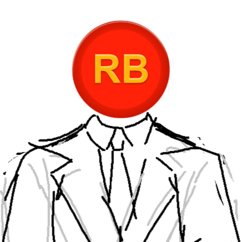 That guy in a suit wearing a red sphere head with yellow letters on their face