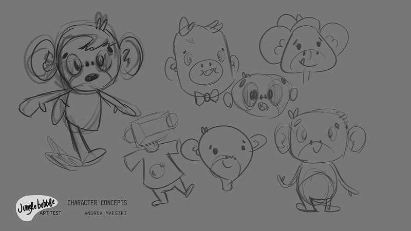 Character concepts of the cancelled Jungle Bubble Saga game.