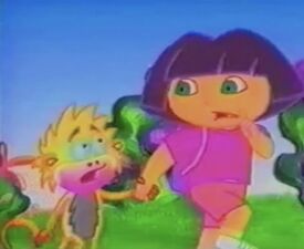 Dora walking with Boots when they hear the swiper sound.