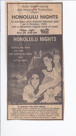A newspaper ad from Mango Hill Hawaii, note that it says it was set in 1932 and aired Friday, November 29th, at 8 PM on KHON-TV, a television station in Honolulu.