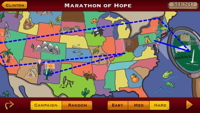 A screenshot of the campaign mode, featuring Bill Clinton travelling across the US to get to Uncle Slam in Washington D.C.