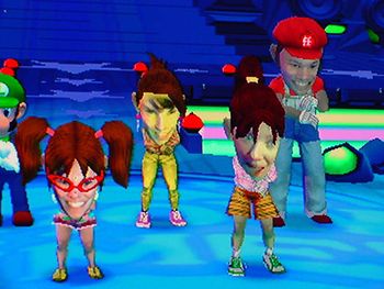 Screenshot of the game featuring a player dancing with three other characters.