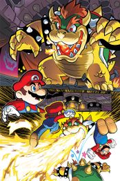 Interior art by Ben Bates depicting Mario and Bowser's final battle.