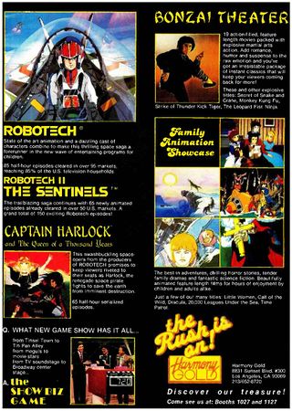 Promotional flyer for Harmony Gold's series, including Captain Harlock and the Queen of a Thousand Years, taken from the January 20, 1986 issue of Broadcasting Magazine.