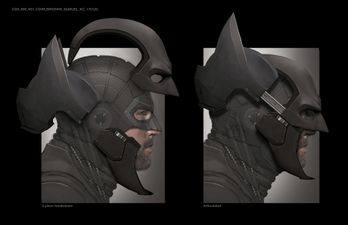 Concept art showing the deconstruction of Batman's cowl by Keith Christensen