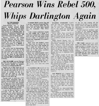 Charlotte Observer reporting on Pearson winning the race, and the Hylton and Sisco crashes.