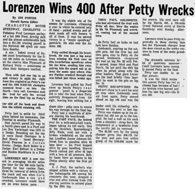 Spartanburg Herald reporting on Lorenzen's win following Petty and Goldsmith's retirements.