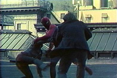 Production still from the film, apparently showing the initial battle with the thugs.