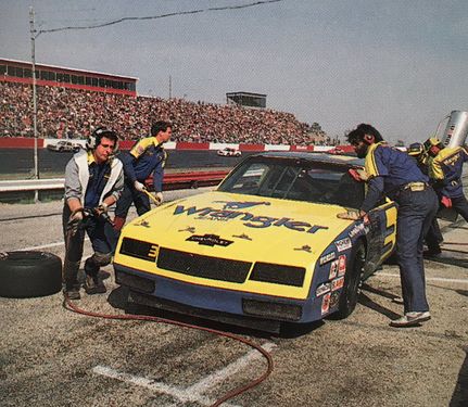 Connie Saylor's (3) car in a pitstop mid-way, switching driver to Dale Earnhardt.