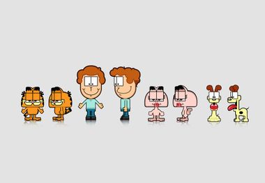 Garfield, Arlene, Odie and Jon Arbuckle in respective MiniEgo versions.