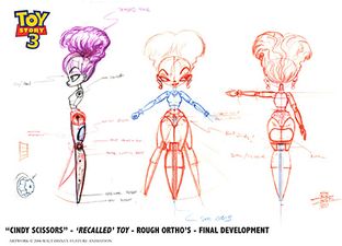 Toy Story 3 concept art for Cindy Scissors, a recalled toy by Shane Zalvin.