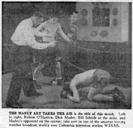 Photograph and description of Madeo securing a knockdown on his opponent.