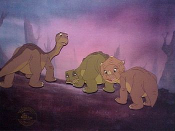 Littlefoot, Cera, and Spike look back at Ducky and the still-living Petrie.