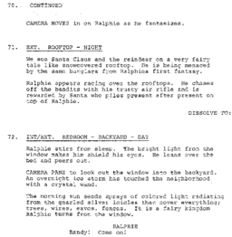 A scan of the script for the deleted scene of Ralphie saving Santa.
