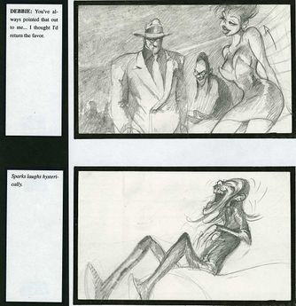 Story board panels, one depicting an early design of Sparks.