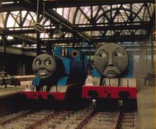Thomas and Gordon at Knapford (From the back cover of the Japanese DVD release).