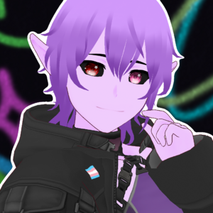 A bust up photo of Aurum, a vtuber. He has purple hair and purple skin, pointed ears, one red eye and one pink eye with black sceleras, and he is wearing a techwear jacket with a trans flag on it. He is wearing a purple cyberpunk style tanktop underneath. He is twirling a piece of his hair and flashing a shy smile. There is a white outline around him. Behind him, there is an arcade carpet.