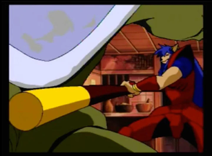 Screenshot of Sharaku (写楽) attacking the first boss of the game, Junk (ジャンク).