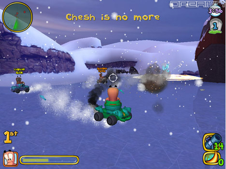 Screenshot showcasing Worms Battle Rally's combat.