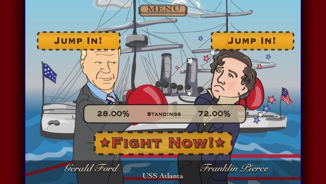 The opening screen of the game, featuring Gerald Ford and Franklin Pierce at the USS Atlanta. You can jump in on 1 side and become that President, or click "Fight Now!" and select the presidents and location.