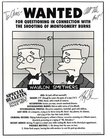 Example of a press slip advertising the contest, with Waylon Smithers being "Wanted" by the Springfield Police Department.